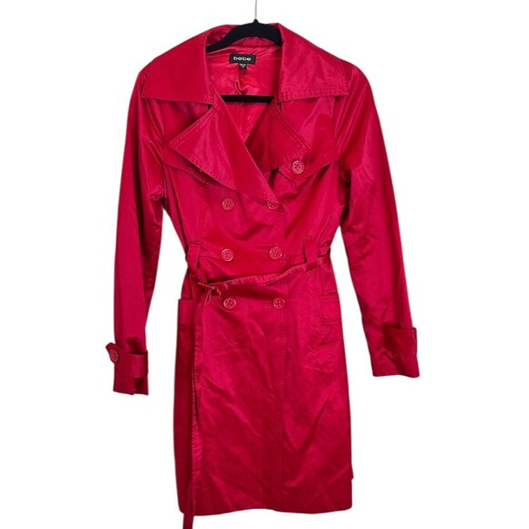 Bebe Barbie Hot Pink Satin‎ Trench Rain Coat Belted Button Up Sz M Bratz Midi - Picture 1 of 6